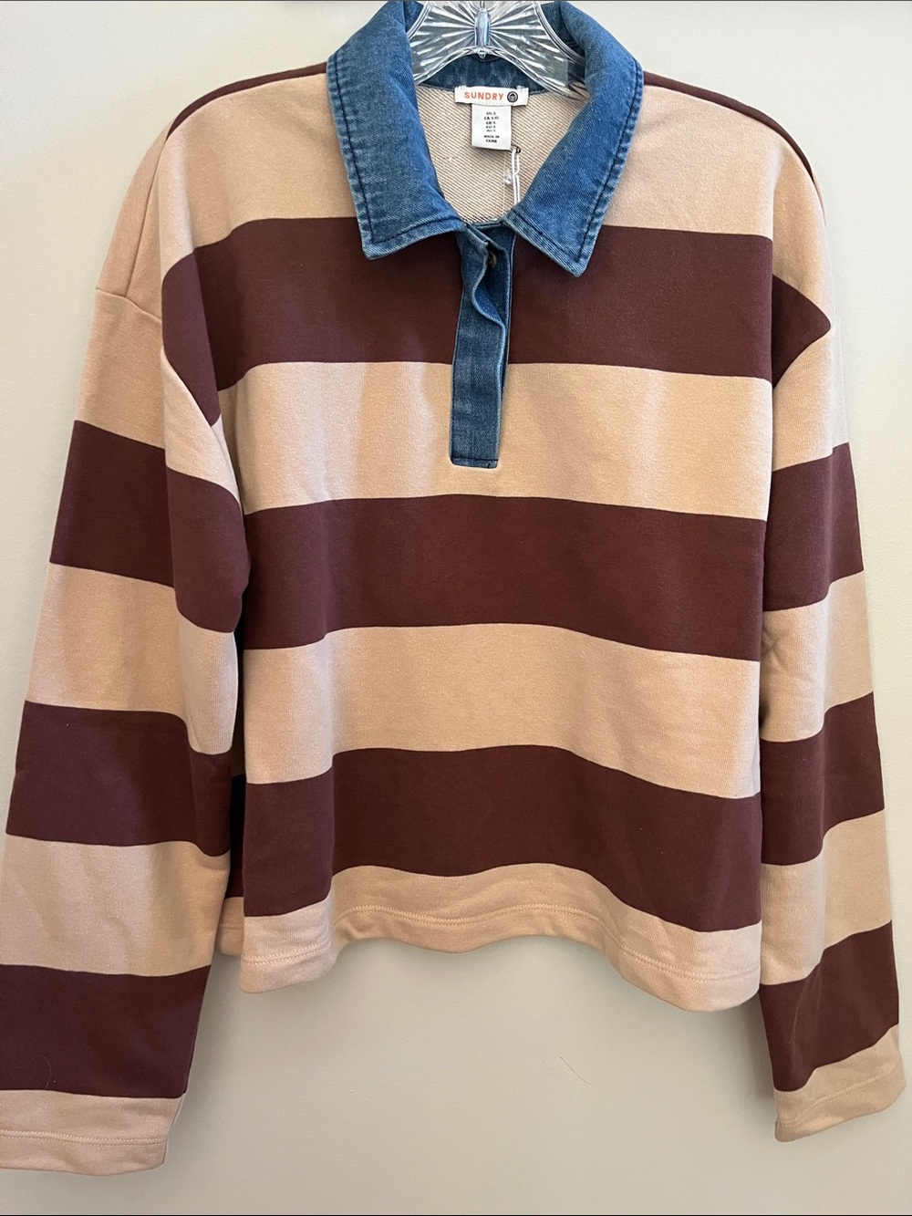 NWT Sundry Rugby Stripe Denim Collar Shirt - Picture 2 of 10